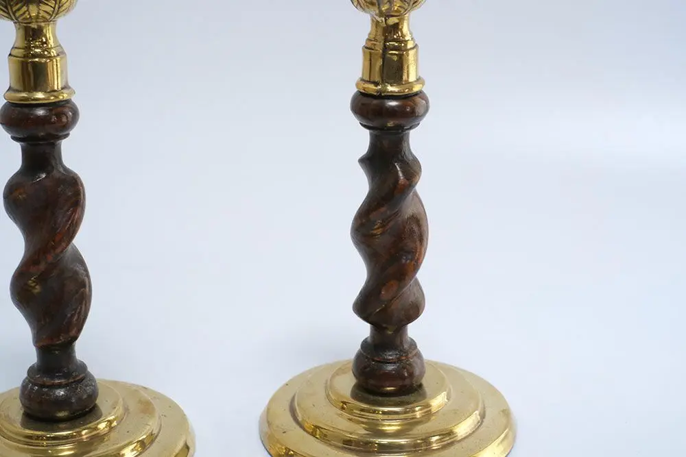 アンティーク ブラス＆オークツイストキャンドルスティックペア イギリス 燭台 キャンドルホルダー3