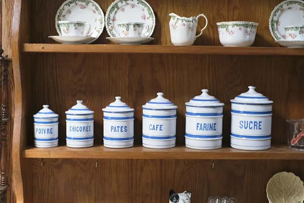アンティーク フレンチホーローキャニスターフランスらしい 爽やかなブルーと白 琺瑯 保存容器 アンティーク雑貨