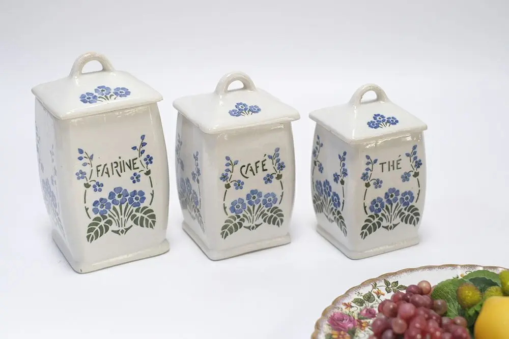 アンティーク フレンチキャニスターセット フランス 白地に落ち着いたブルー&グリーン/アンティーク食器