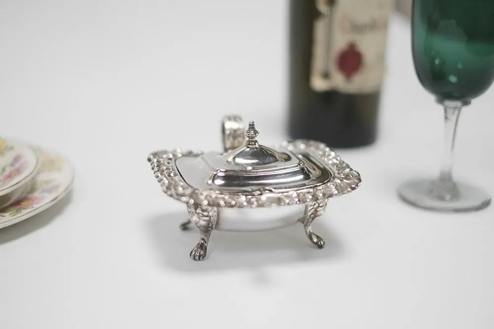 アンティーク シュガーボウル イギリス 蓋付 青器 専用スプーン有 ヴィクトリアン装飾
