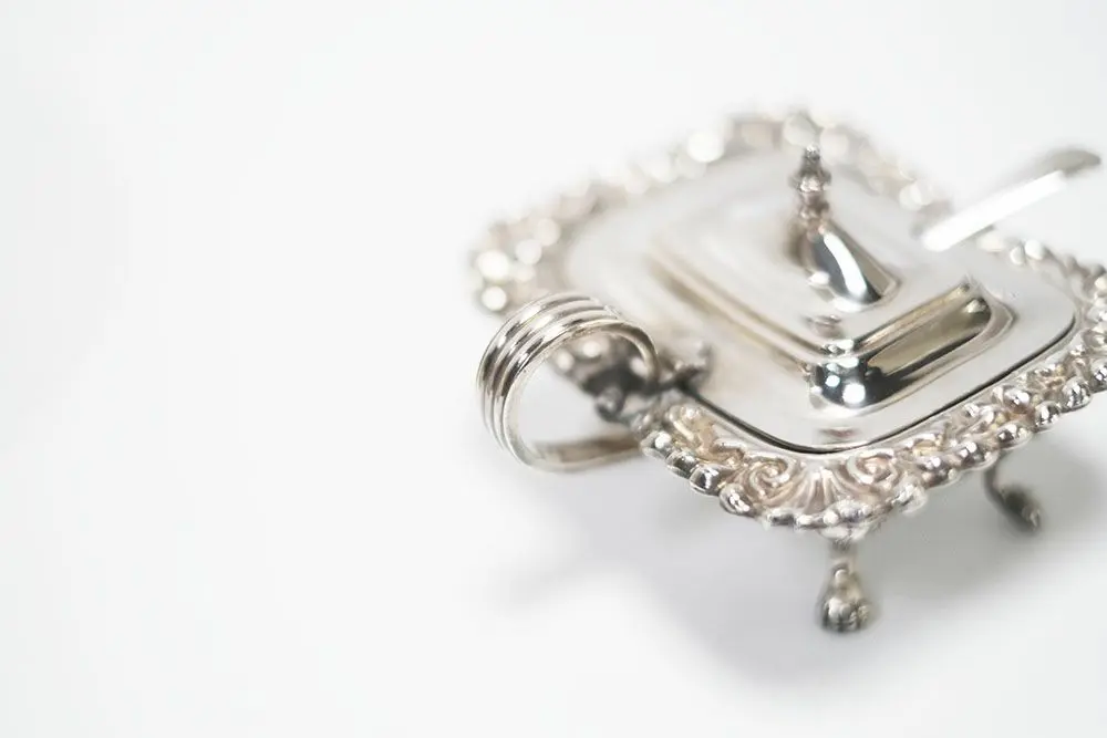 アンティーク シュガーボウル イギリス 蓋付 青器 専用スプーン有 ヴィクトリアン装飾3