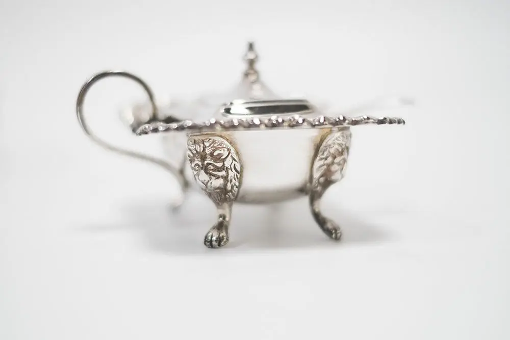 アンティーク シュガーボウル イギリス 蓋付 青器 専用スプーン有 ヴィクトリアン装飾5