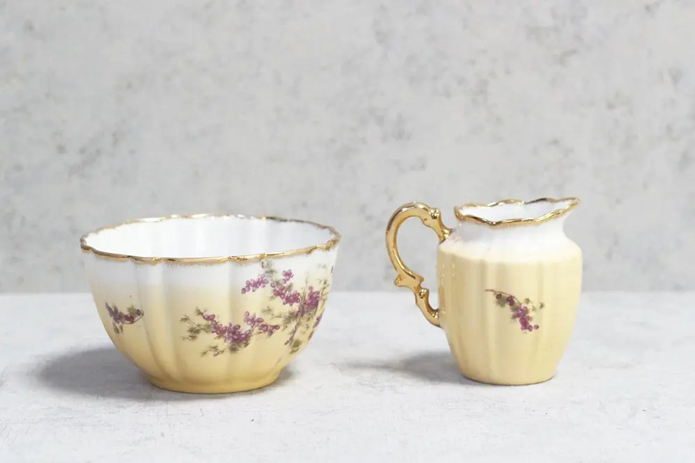 アンティーク ミルクポット シュガーボウル JACOB ZEIDLER & CO ドイツ ボーンチャイナ 金彩とお花模様/アンティーク食器3