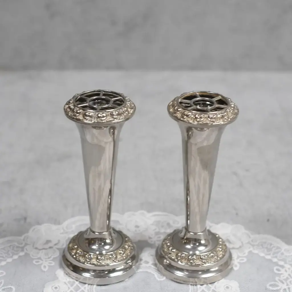 ヴィンテージ シルバープレートフラワーベースペアイギリス 花器 一輪挿し2