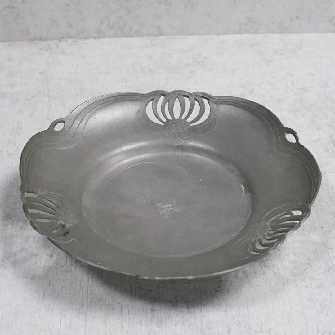 アンティークエタンリムプレート フランス 錫リム皿 花の透かし装飾/アンティーク食器