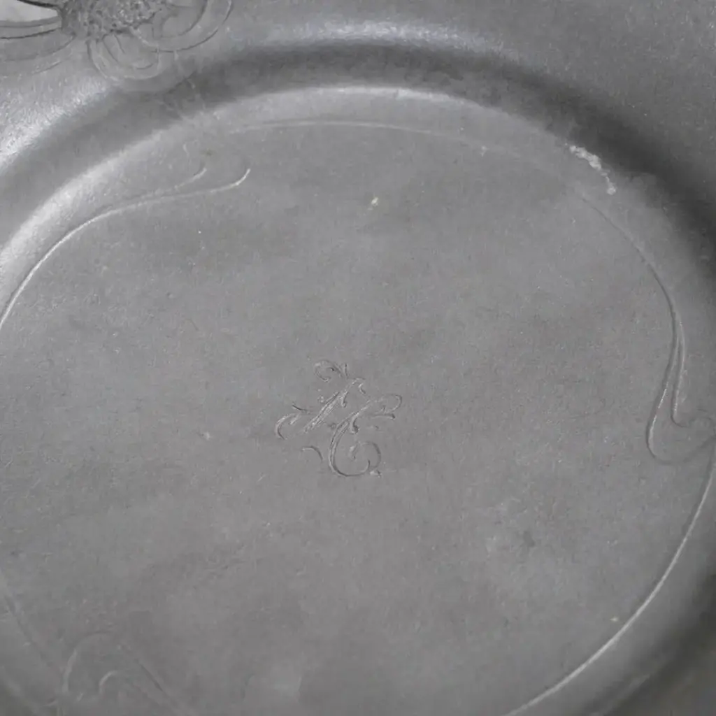 アンティークエタンリムプレート フランス 錫リム皿 花の透かし装飾/アンティーク食器6