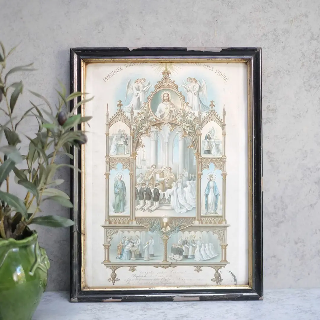 アンティークピクチャー 宗教画 聖体拝領 フランス 1898年 アンティーク雑貨