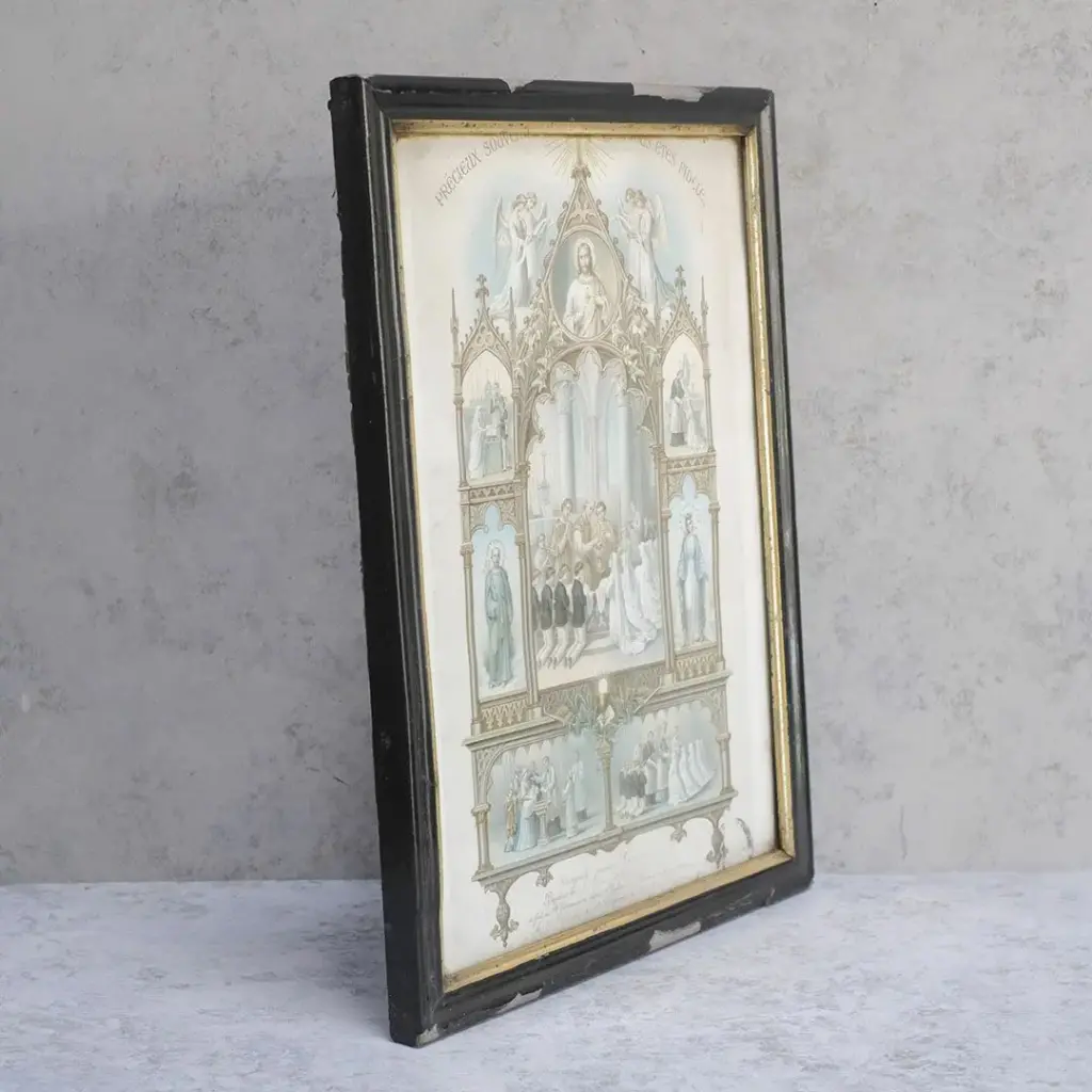 アンティークピクチャー 宗教画 聖体拝領 フランス 1898年 アンティーク雑貨3