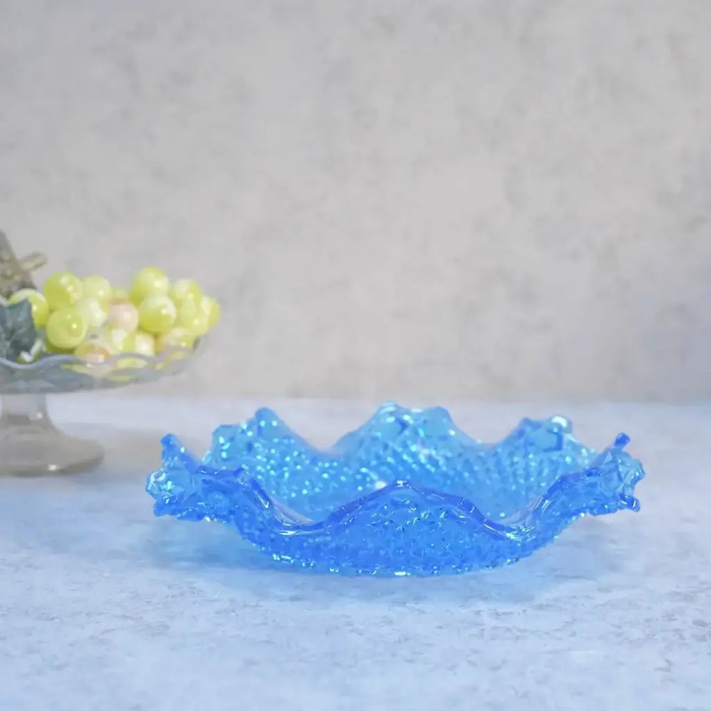 アンティーク ガラス皿 フリル ブルー イギリス 青いガラストレイ/アンティーク食器
