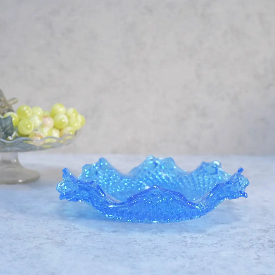 アンティーク ガラス皿 フリル ブルー イギリス 青いガラストレイ/アンティーク食器