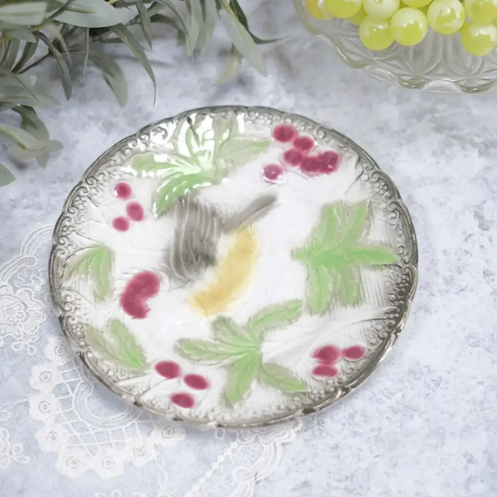 アンティークバルボティーヌプレート ロレーヌのマジョリカ焼き フレンチ・マジョリカ 鳥モチーフ アンティーク食器
