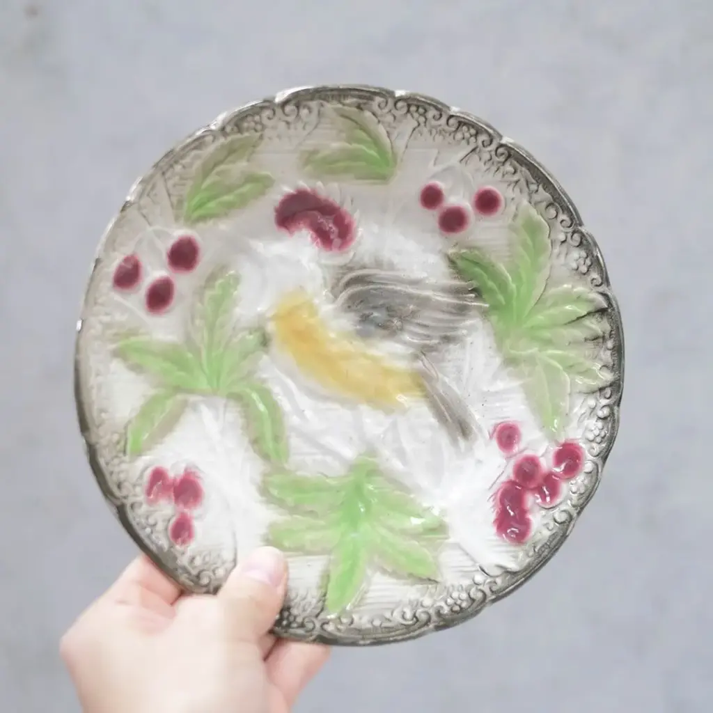 アンティークバルボティーヌプレート ロレーヌのマジョリカ焼き フレンチ・マジョリカ 鳥モチーフ アンティーク食器2