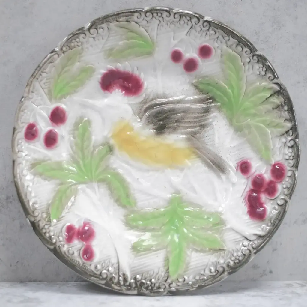 アンティークバルボティーヌプレート ロレーヌのマジョリカ焼き フレンチ・マジョリカ 鳥モチーフ アンティーク食器1