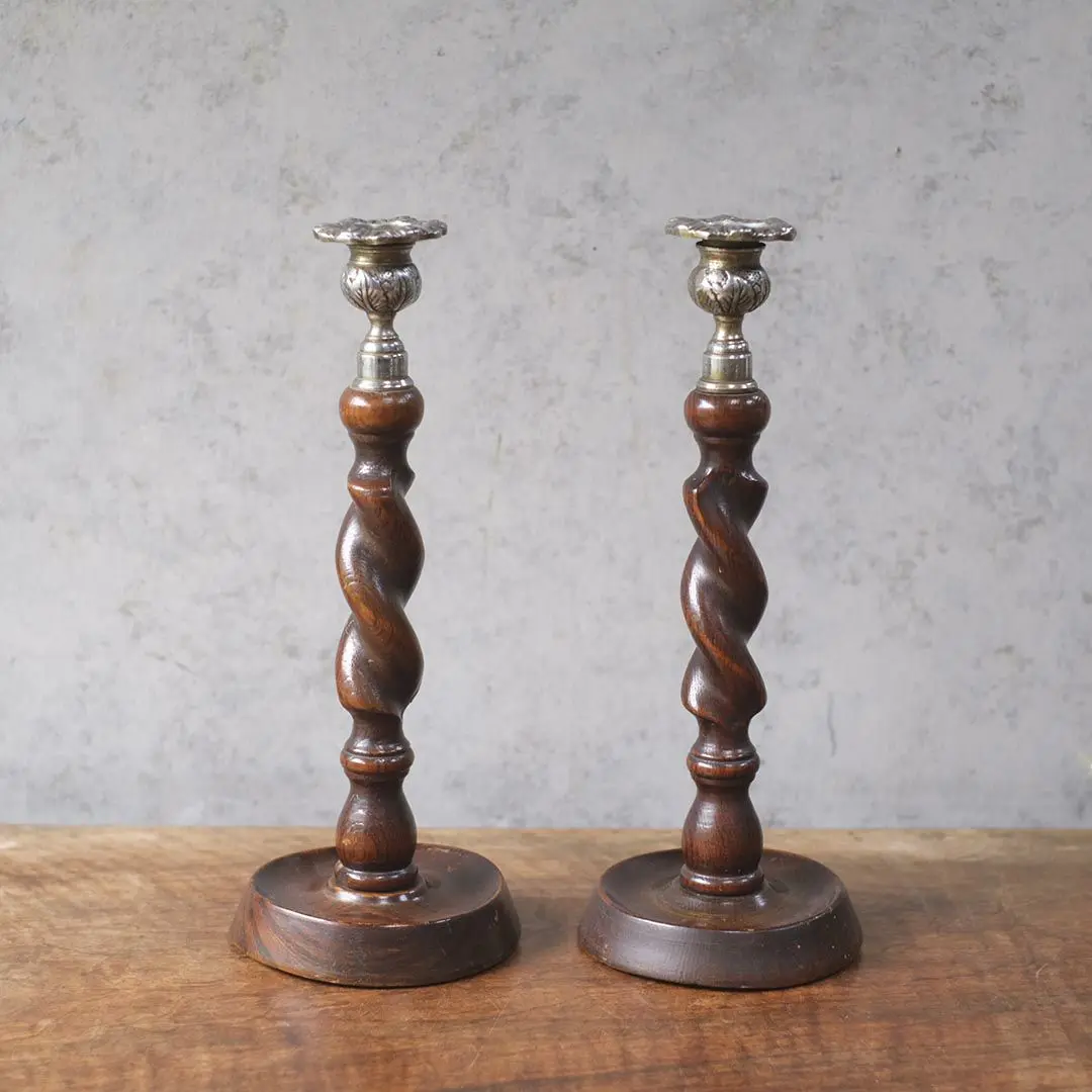アンティークキャンドルスティックペア オーク イギリス 燭台 オブジェ アンティーク雑貨