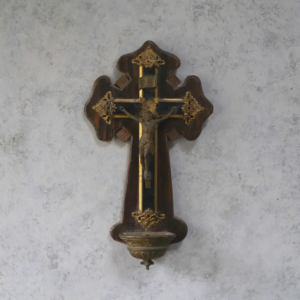 アンティーク 十字架 聖水盤付き キリスト像 木製ベース 宗教小物 フランス2