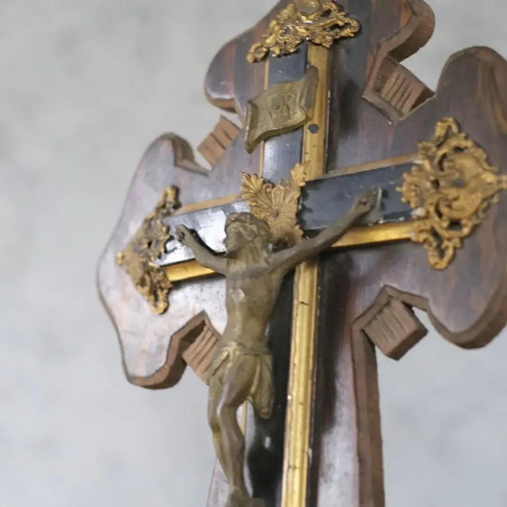 アンティーク 十字架 聖水盤付き キリスト像 木製ベース 宗教小物 フランス4