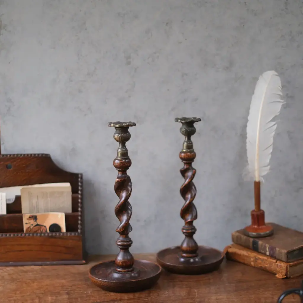 アンティークキャンドルスティックペア オーク イギリス 燭台 オブジェ アンティーク雑貨