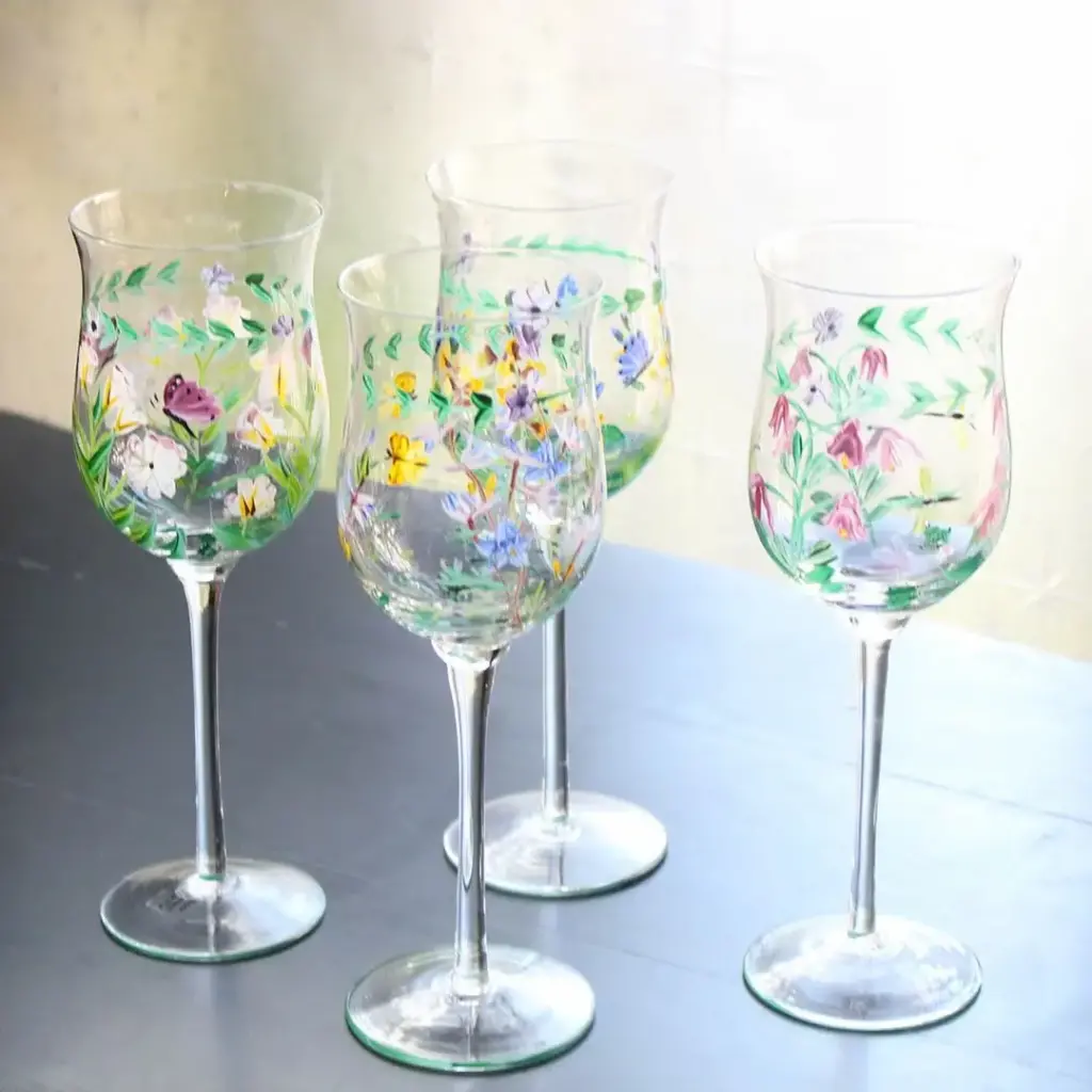 ヴィンテージワイングラス イギリス 手描き花モチーフ