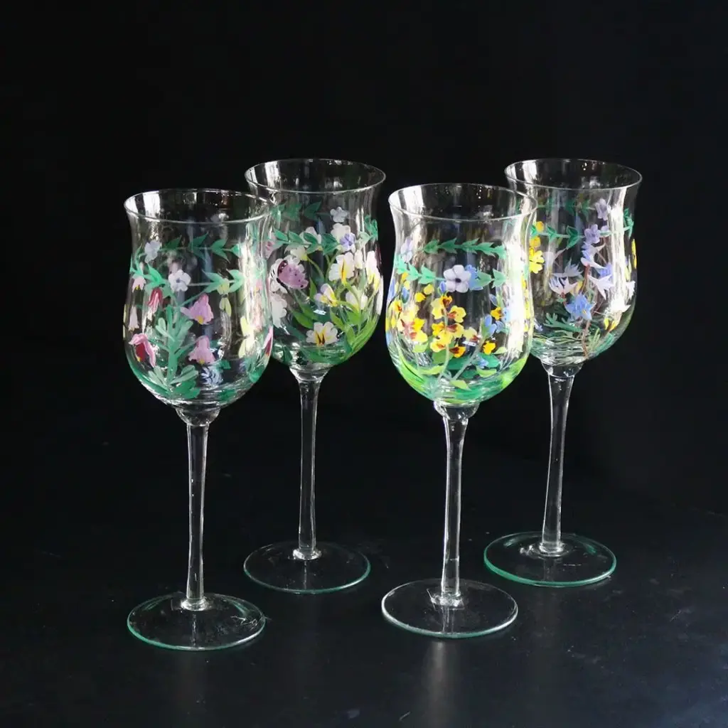 ヴィンテージワイングラス イギリス 手描き花モチーフ1