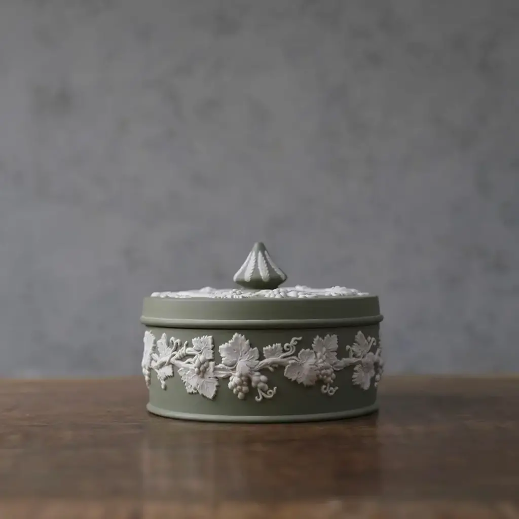 ヴィンテージ WEDGWOODジャスパー 蓋付小物入れ ケース ストーンウェア イギリス セージグリーン6