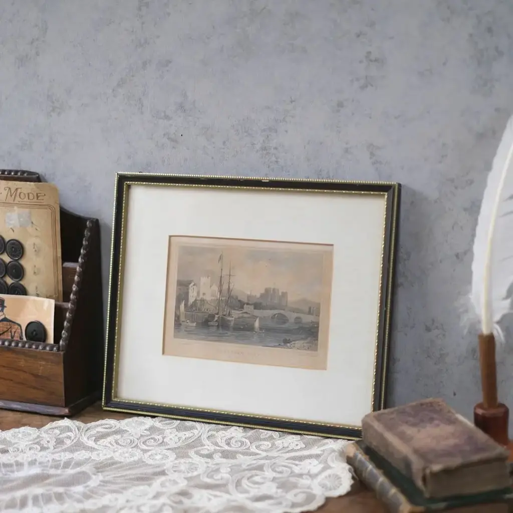 アンティーク ピクチャー フリントシャー 城と港の風景 イギリス　エングレーヴィング鋼版画 アンティーク雑貨
