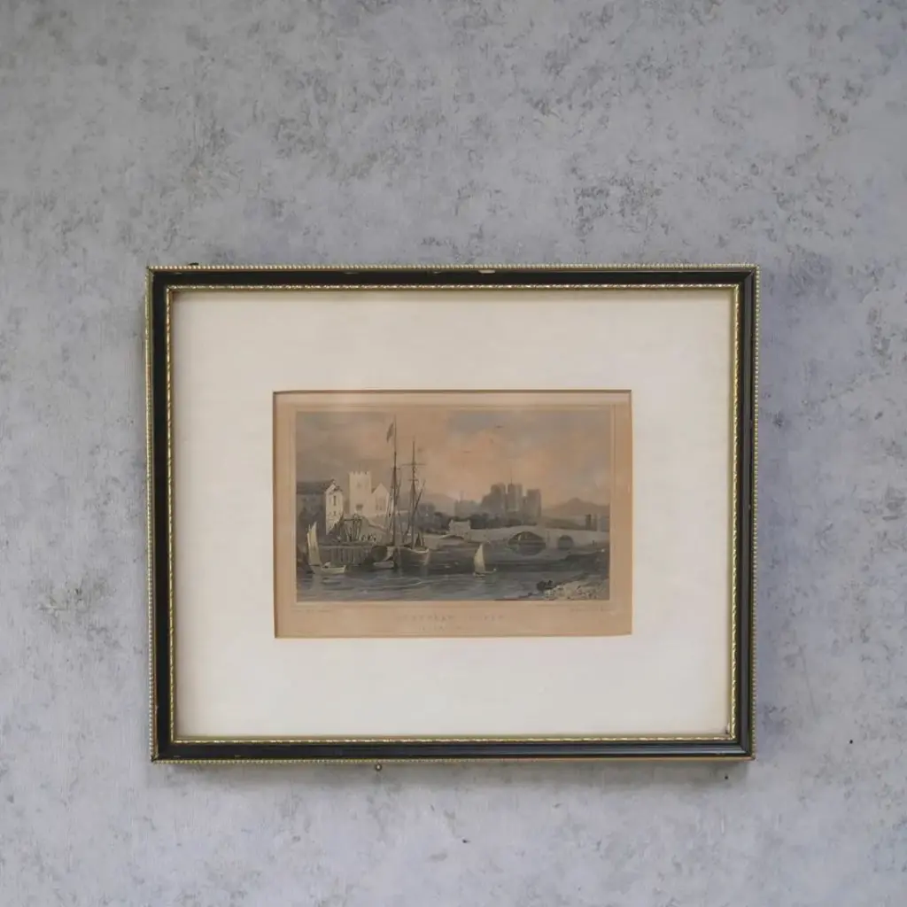 アンティーク ピクチャー フリントシャー 城と港の風景 イギリス　エングレーヴィング鋼版画 アンティーク雑貨1