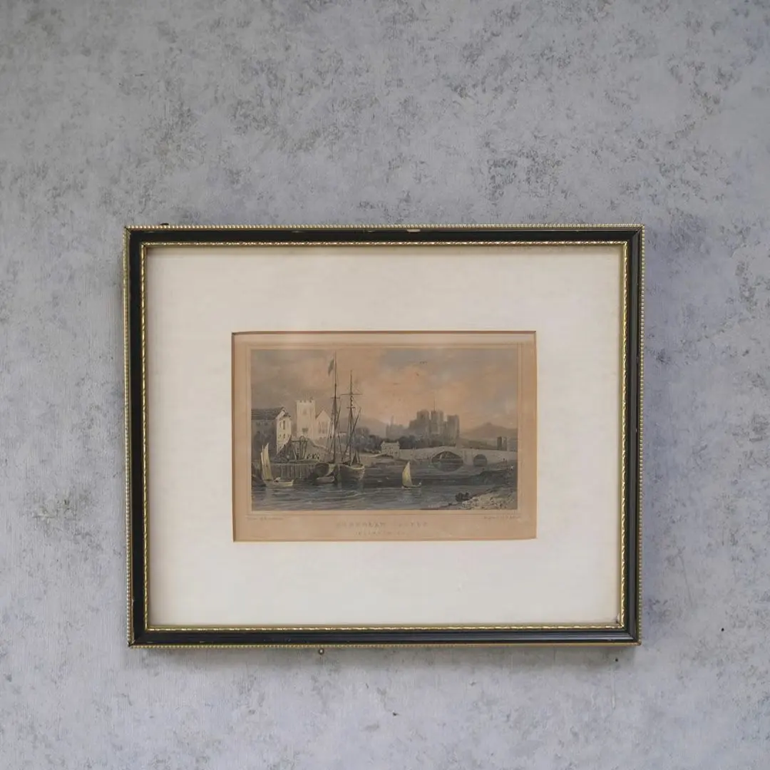 アンティーク ピクチャー フリントシャー 城と港の風景 イギリス　エングレーヴィング鋼版画 アンティーク雑貨