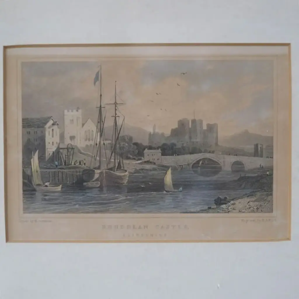 アンティーク ピクチャー フリントシャー 城と港の風景 イギリス　エングレーヴィング鋼版画 アンティーク雑貨4