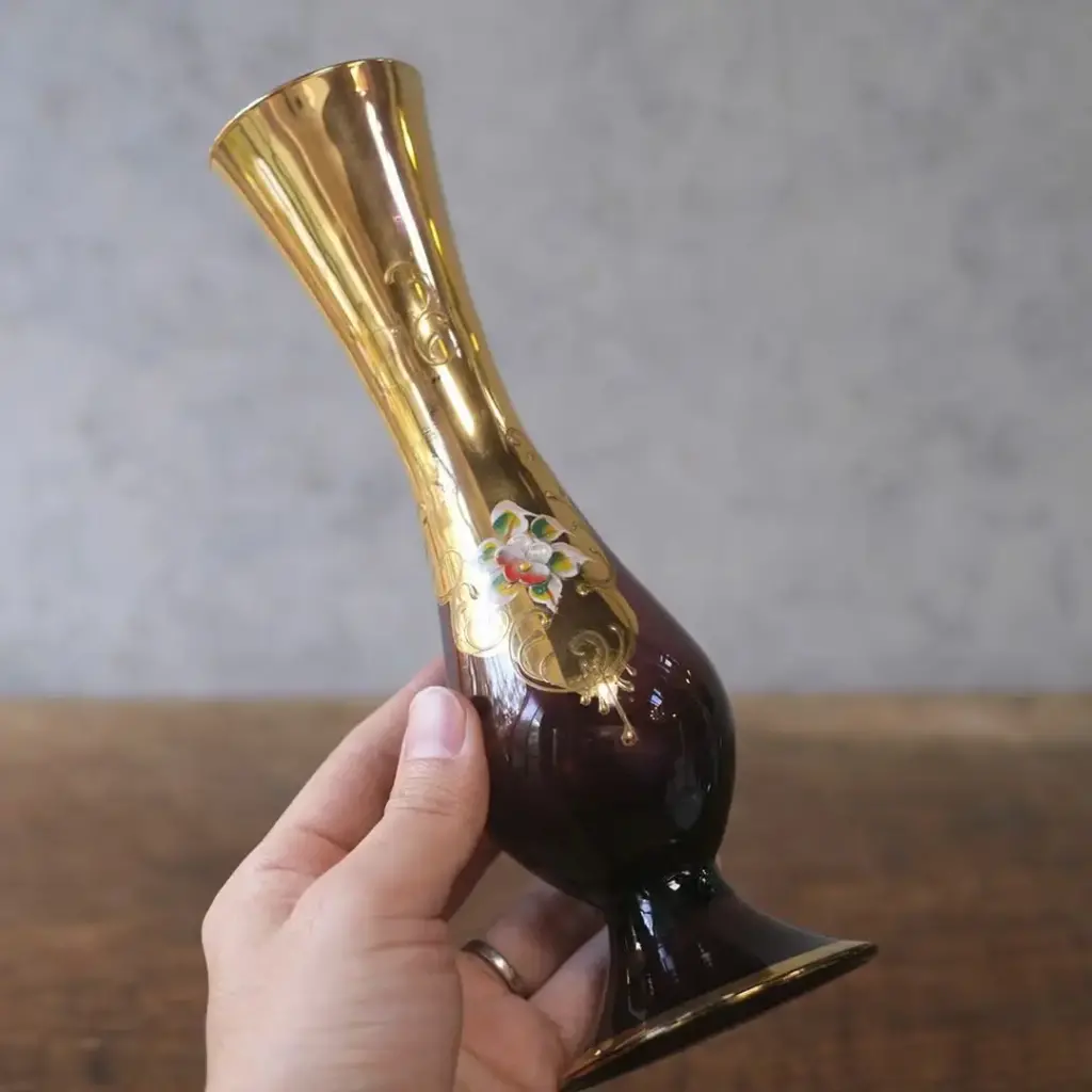 ヴィンテージフラワーベース　エナメル彩と金彩の花文 花瓶 パープルガラス　イタリア4