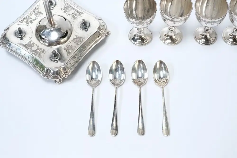 アンティーク シルバープレートエッグクリュエットA イギリス 猫足ブライトカット装飾5