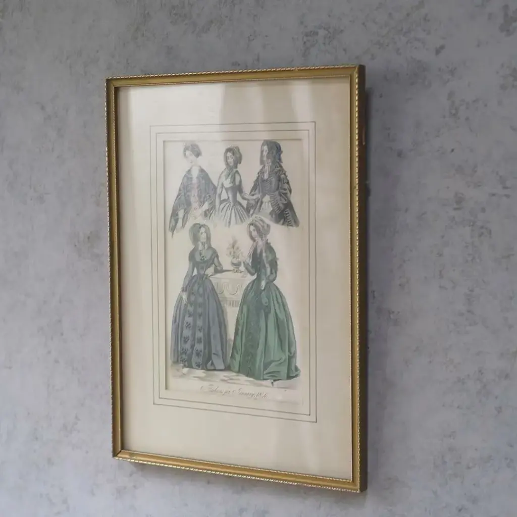 アンティークリトグラフピクチャー ドレスを着た婦人 ファッション画 石版画 イギリス アンティーク雑貨4