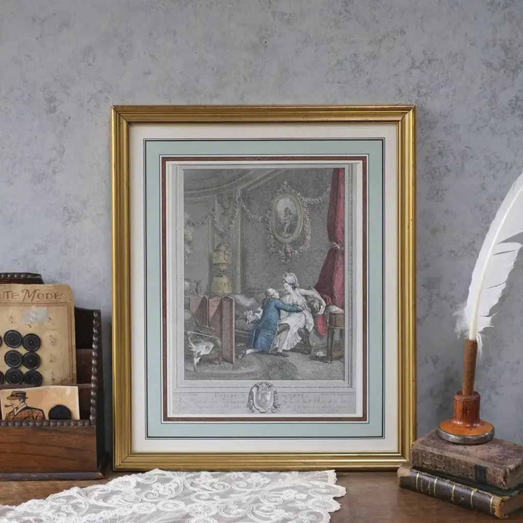 アンティークリトグラフピクチャー 「L’Heureux Moment」 フランス 石版画 アンティーク雑貨