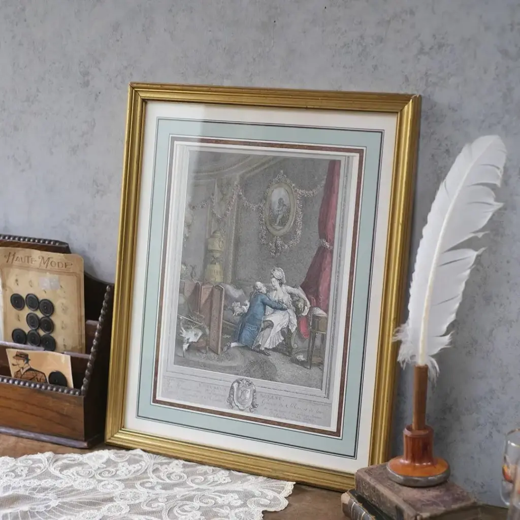 アンティークリトグラフピクチャー 「L’Heureux Moment」 フランス 石版画 アンティーク雑貨2