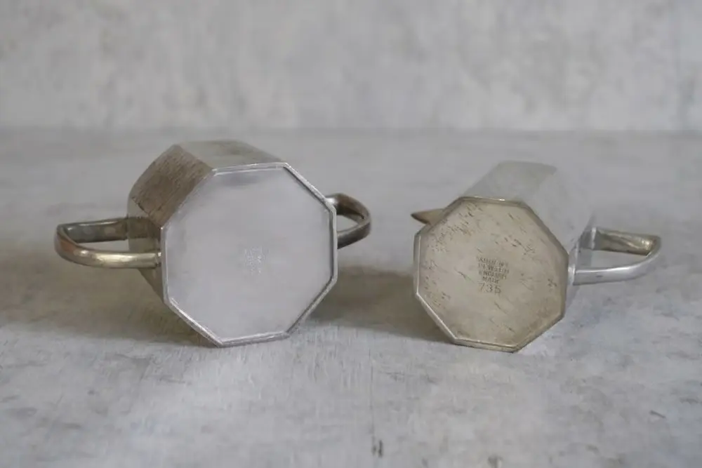 ヴィンテージ シュガーポット＆ミルクジャグ/ピューター製のミルクピッチャーとシュガーボウルのセット3