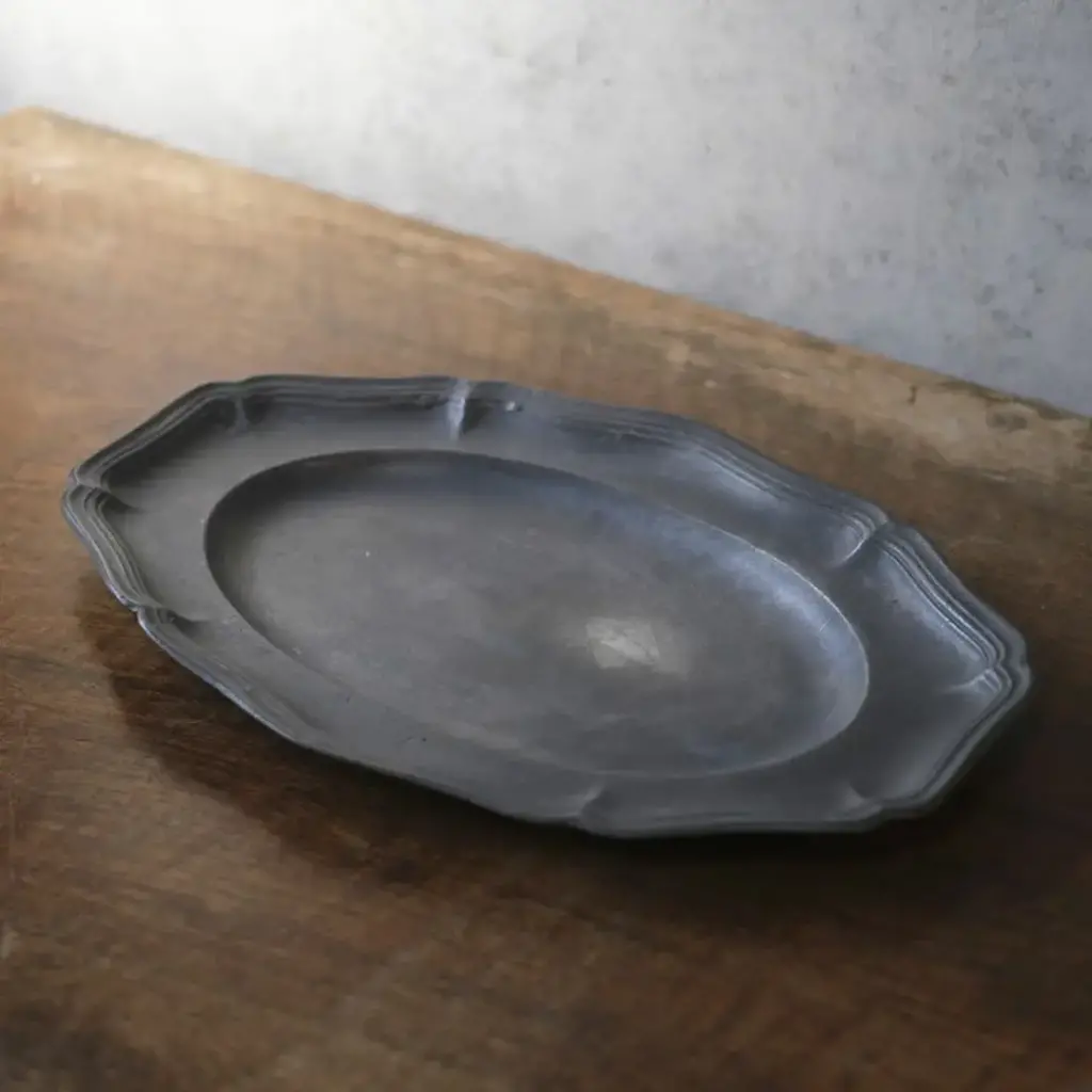 アンティークエタンプレート 花リム オーバル 錫製皿 フランス アンティーク雑貨