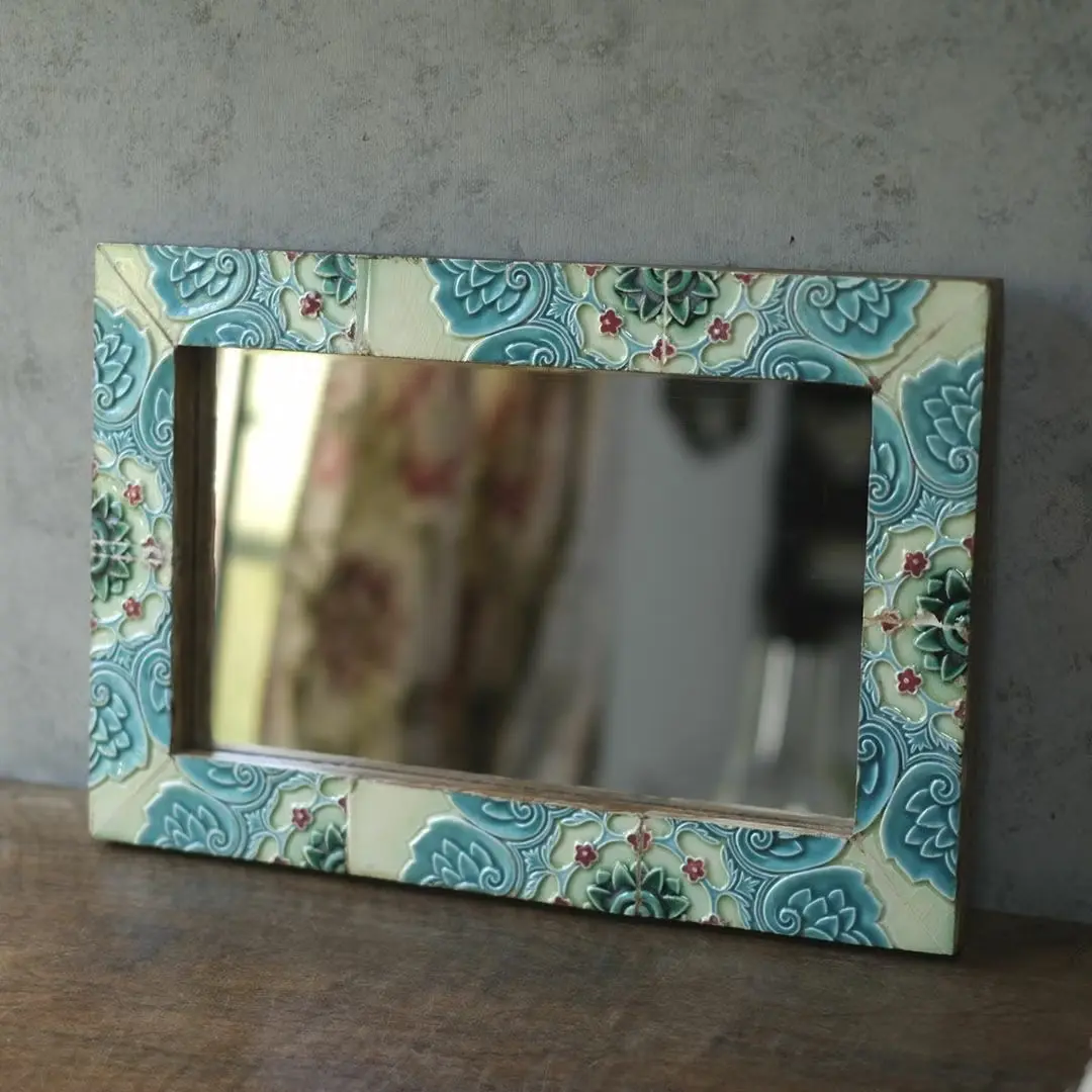 アンティークマジョリカタイルミラー 大正レトロな鏡 花柄 日本&インド アンティーク雑貨