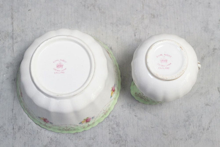 アンティークミルクポット シュガーボウル イギリス ROYAL ALBERT CROWN CHINAバックスタンプ6