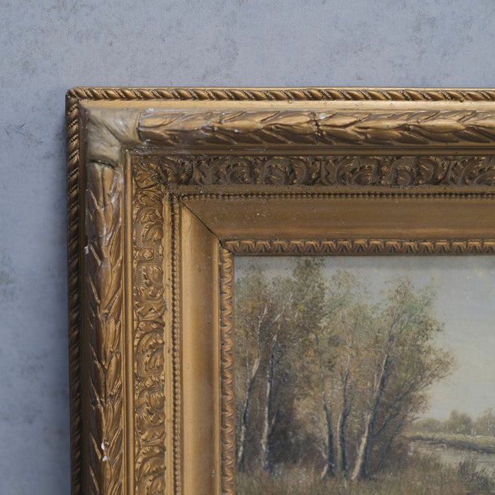 フランスアンティーク　油絵 アンティーク油絵 フランス 川辺の風景画 絵画の通販 アンティーク