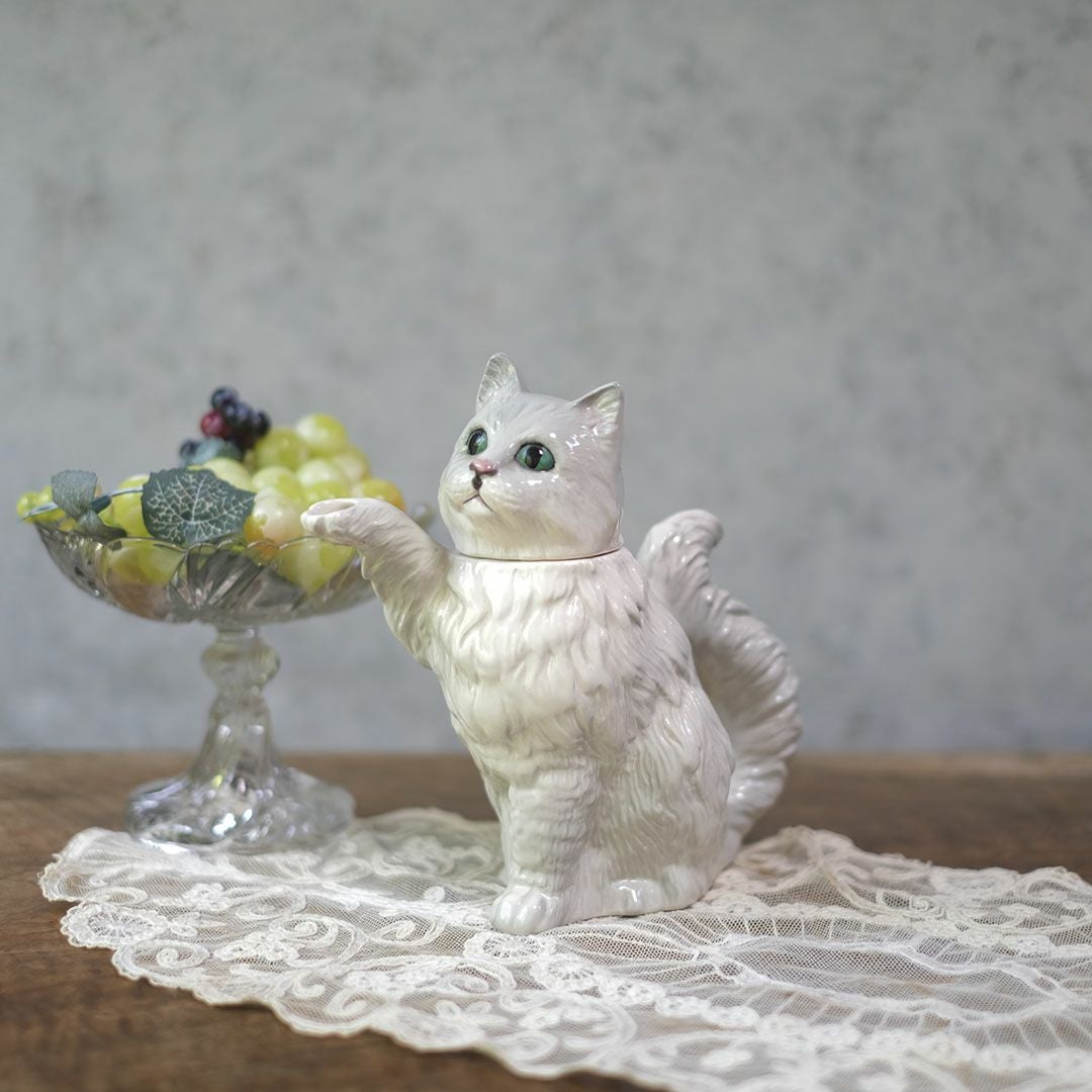 ヴィンテージティーポット 白猫 イギリス オブジェ 陶器 BESWICK ベスウィック
