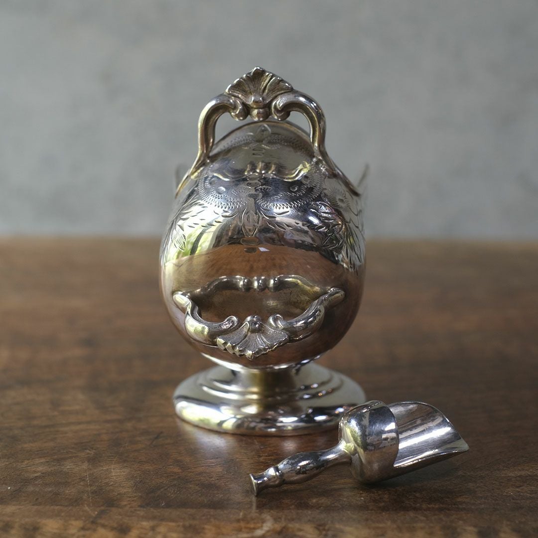 アンティーク シュガースカットル シルバープレート イギリス スプーン付属44