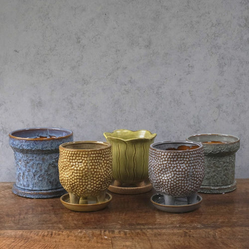 童話の鉢植えシリーズ 陶器のプランター&受け皿セット 青L