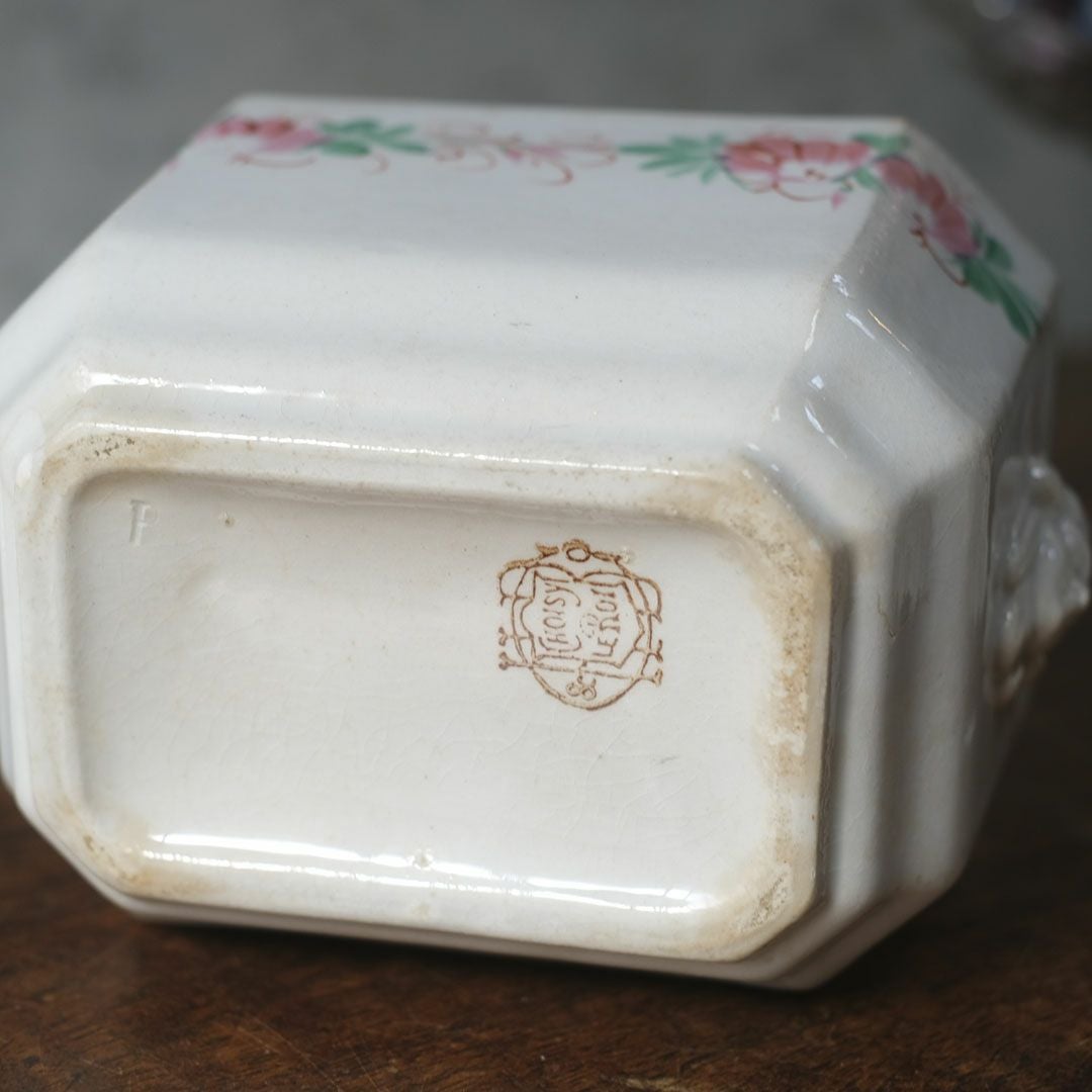 アンティーク シュガーポット 陶器　花模様 Choisy-le-Roi ショワジールロワ 1800年代後半フランス1010