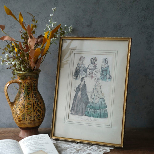 アンティークリトグラフピクチャー ドレスを着た婦人 ファッション画 Le Moniteur des Dames et des Demoiselles 石版画絵 フランス