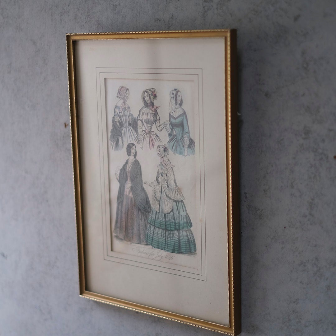 アンティークリトグラフピクチャー ドレスを着た婦人 ファッション画 　Le Moniteur des Dames et des Demoiselles 石版画絵 フランス