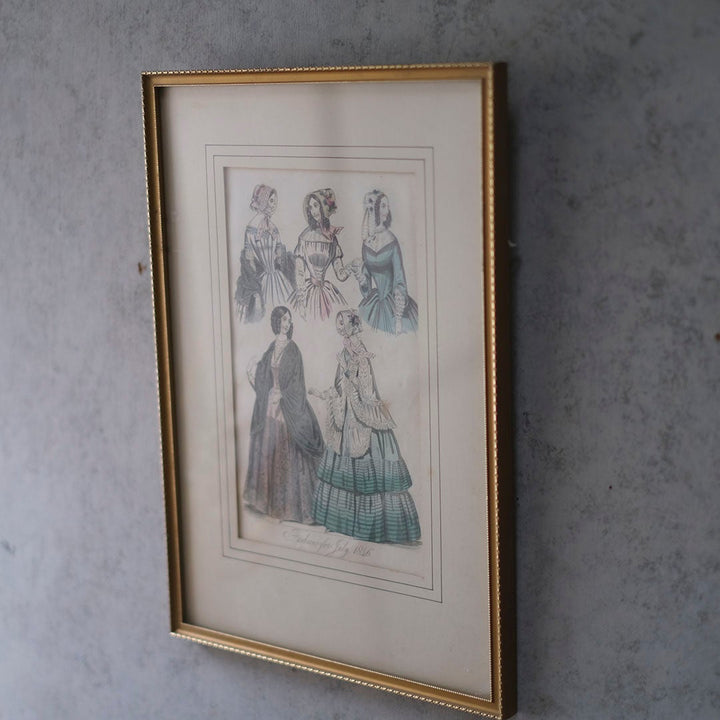 アンティークリトグラフピクチャー ドレスを着た婦人 ファッション画 　Le Moniteur des Dames et des Demoiselles 石版画絵 フランス