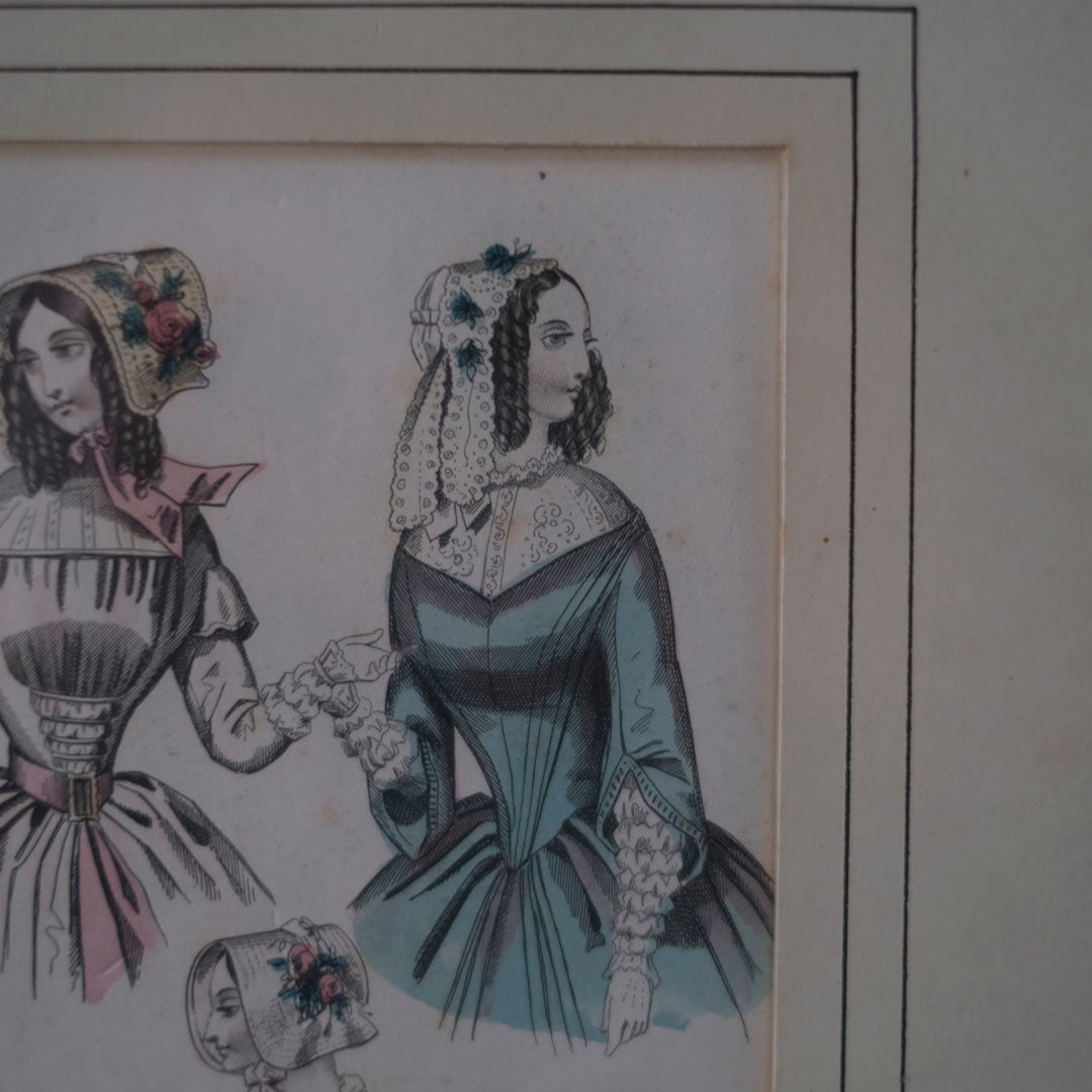 アンティークリトグラフピクチャー ドレスを着た婦人 ファッション画 　Le Moniteur des Dames et des Demoiselles 石版画絵 フランス