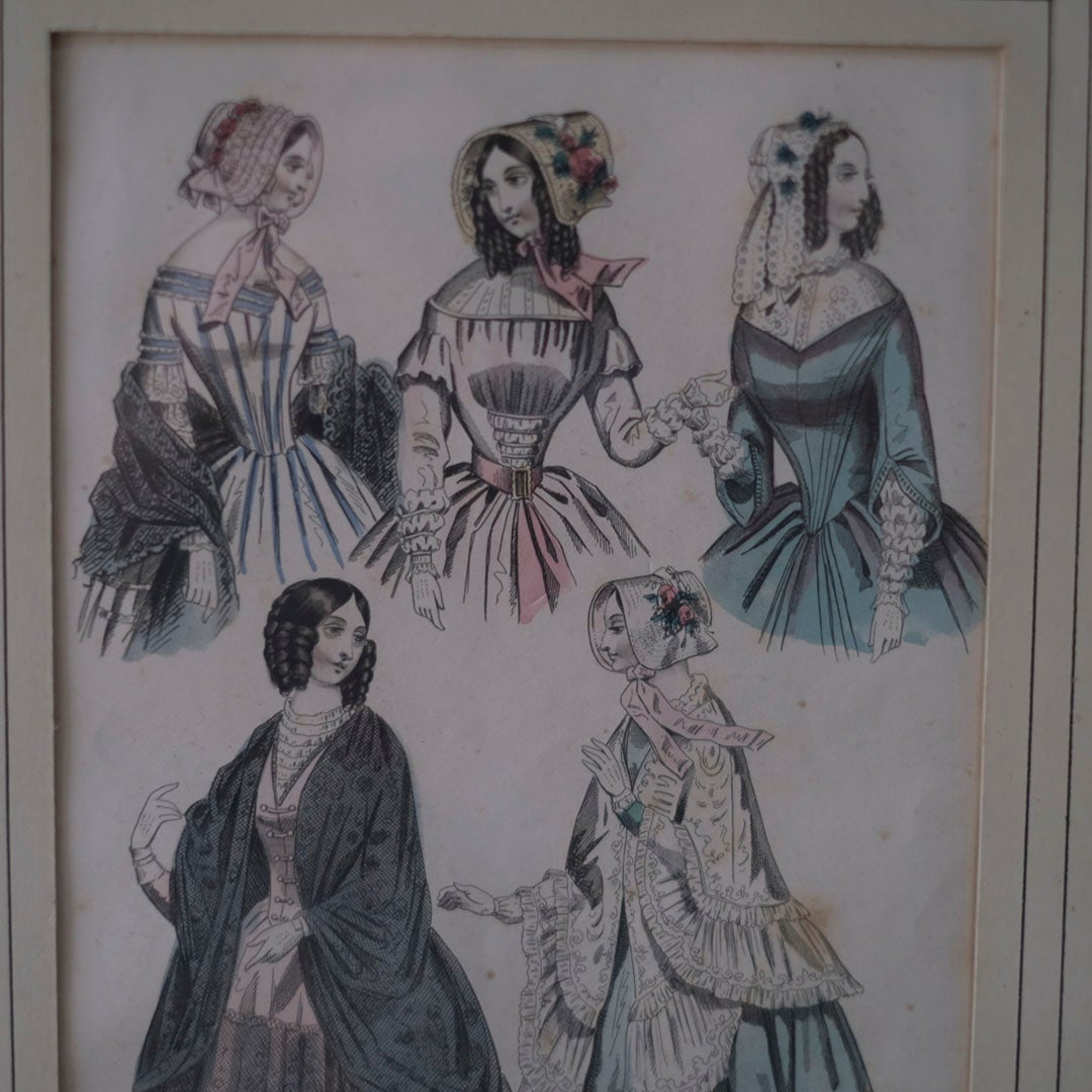 アンティークリトグラフピクチャー ドレスを着た婦人 ファッション画 　Le Moniteur des Dames et des Demoiselles 石版画絵 フランス