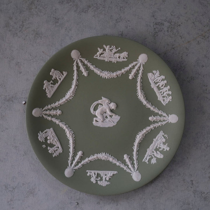 ヴィンテージ WEDGWOOD ウェッジウッド ジャスパー セージグリーン 飾り皿 キューピッド ガーランド イギリス22