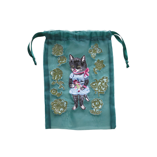 ナタリーレテ オーガンジー刺繍 巾着ポーチ Black cat 黒猫