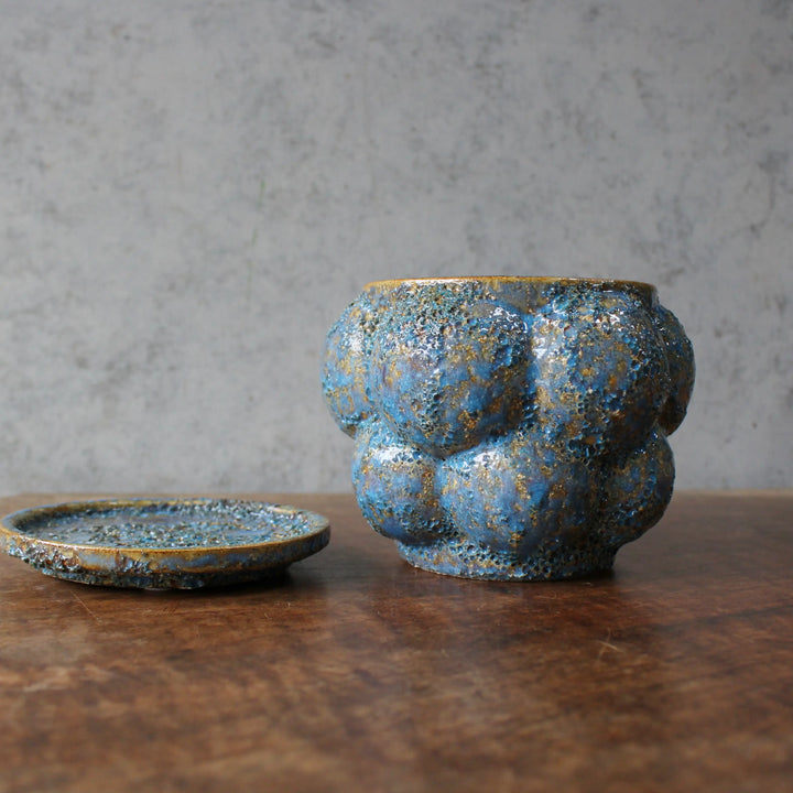 童話の鉢植えシリーズ 陶器のプランター&受け皿セット ポコポコの青い花3